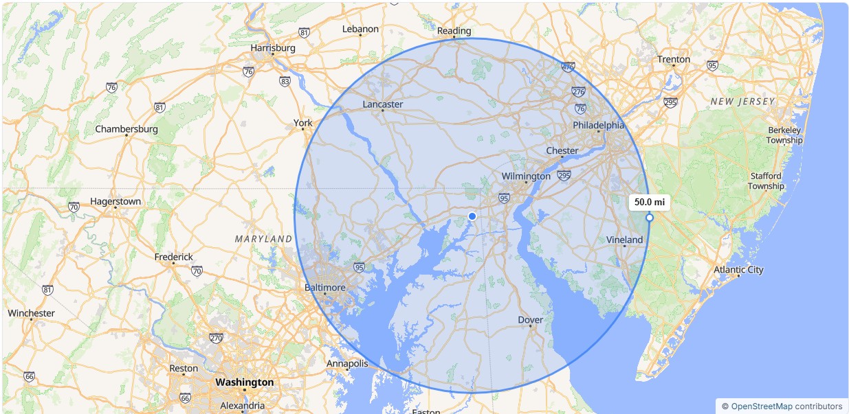 Map graphic showing service radius